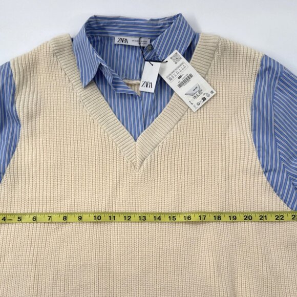 Zara Knit Womens Sweater Shirt Contrast Beige Blue Striped Oversized XS-S NEW - Picture 11 of 14